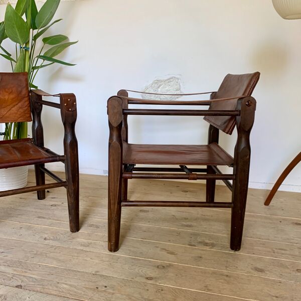 fauteuil scandinave safari en cuir vintage