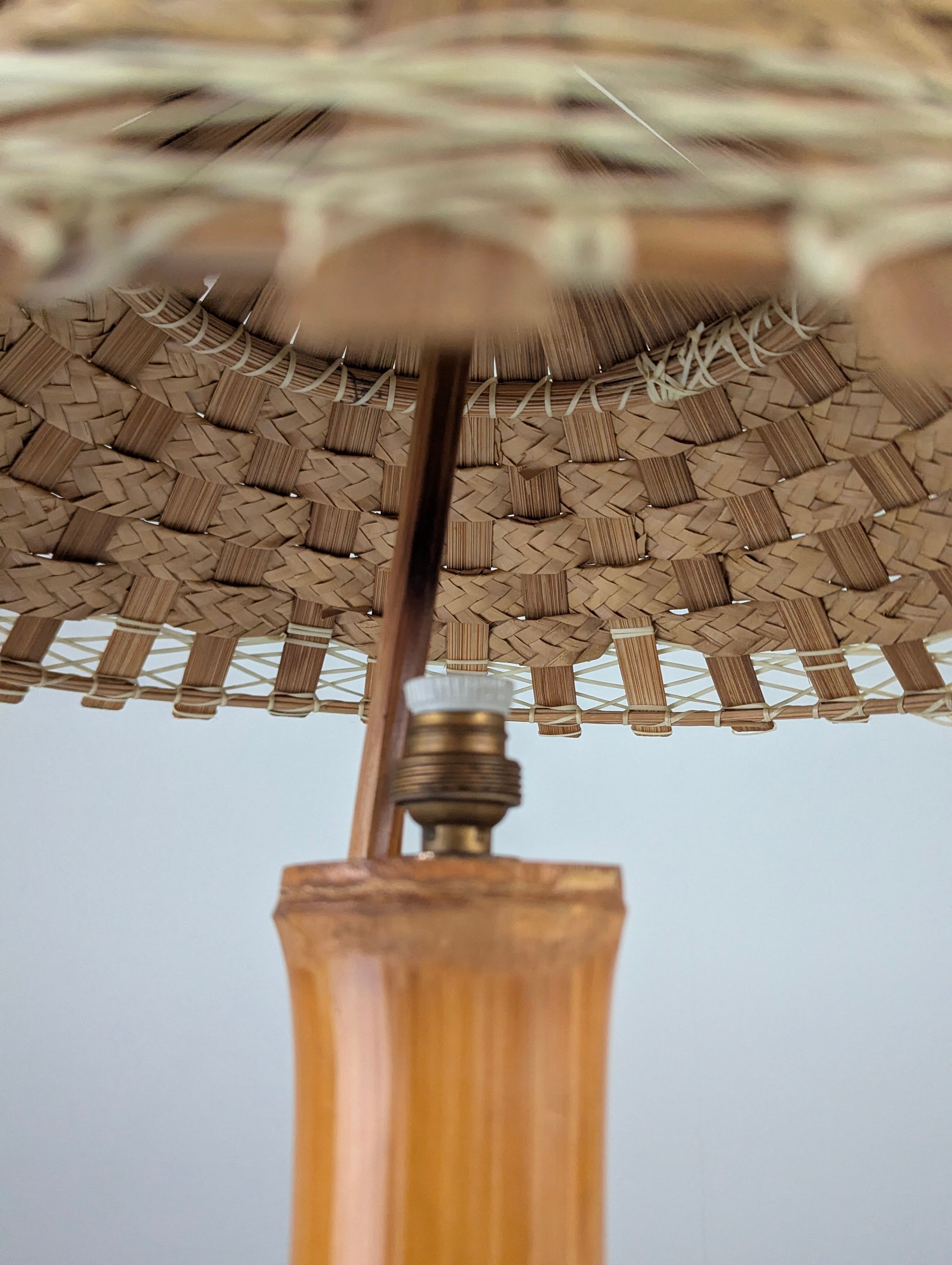 Bamboo and rattan table lamp with woven shade, 1950s