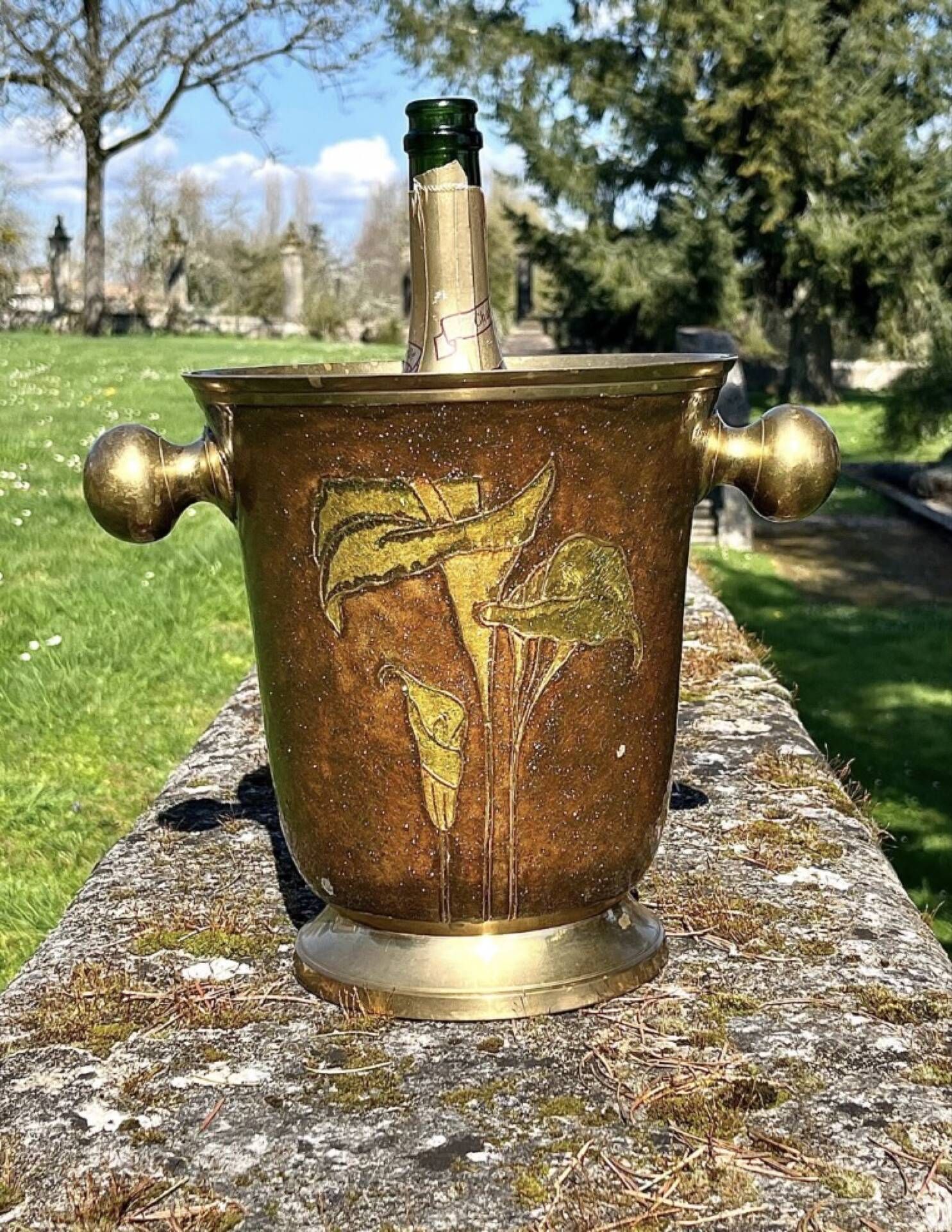 Brass Enamel Cloisonne cooler, French Floral Champagne Ice Bucket