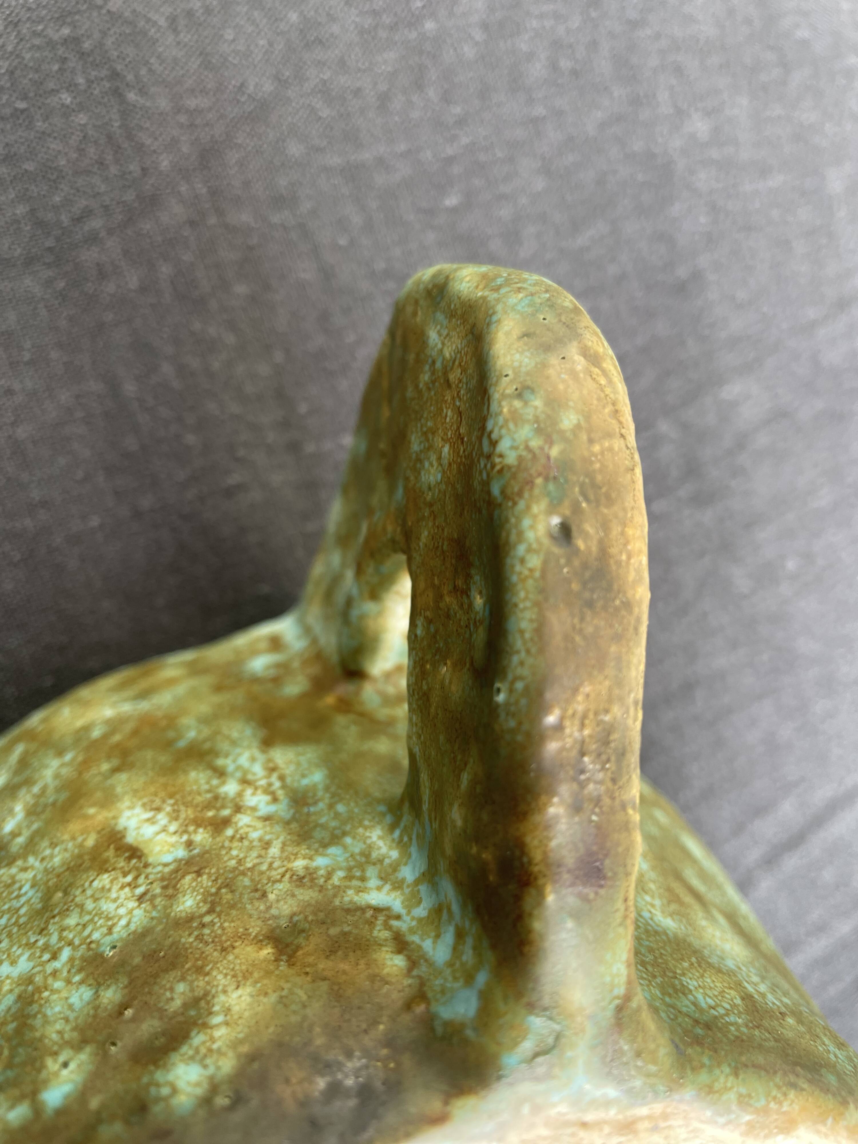 Stoneware bowl with handles, signed handmade ceramic.