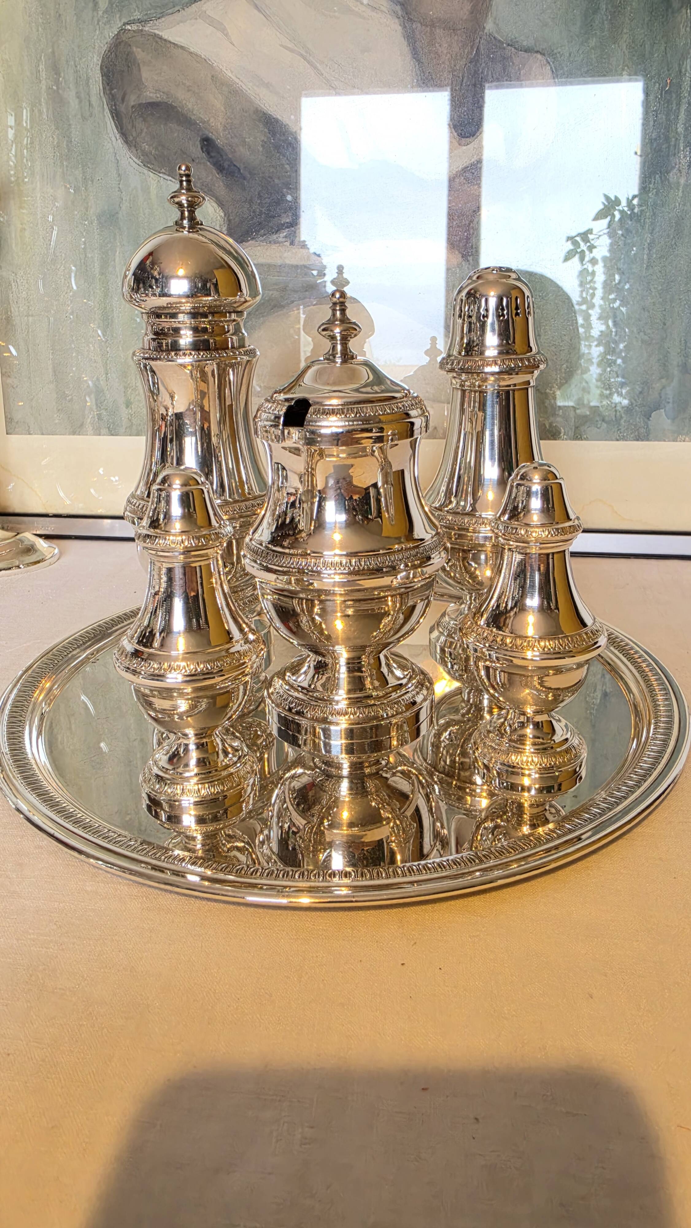 Exclusive 6-piece silver-plated spice service, classic Georgian style.