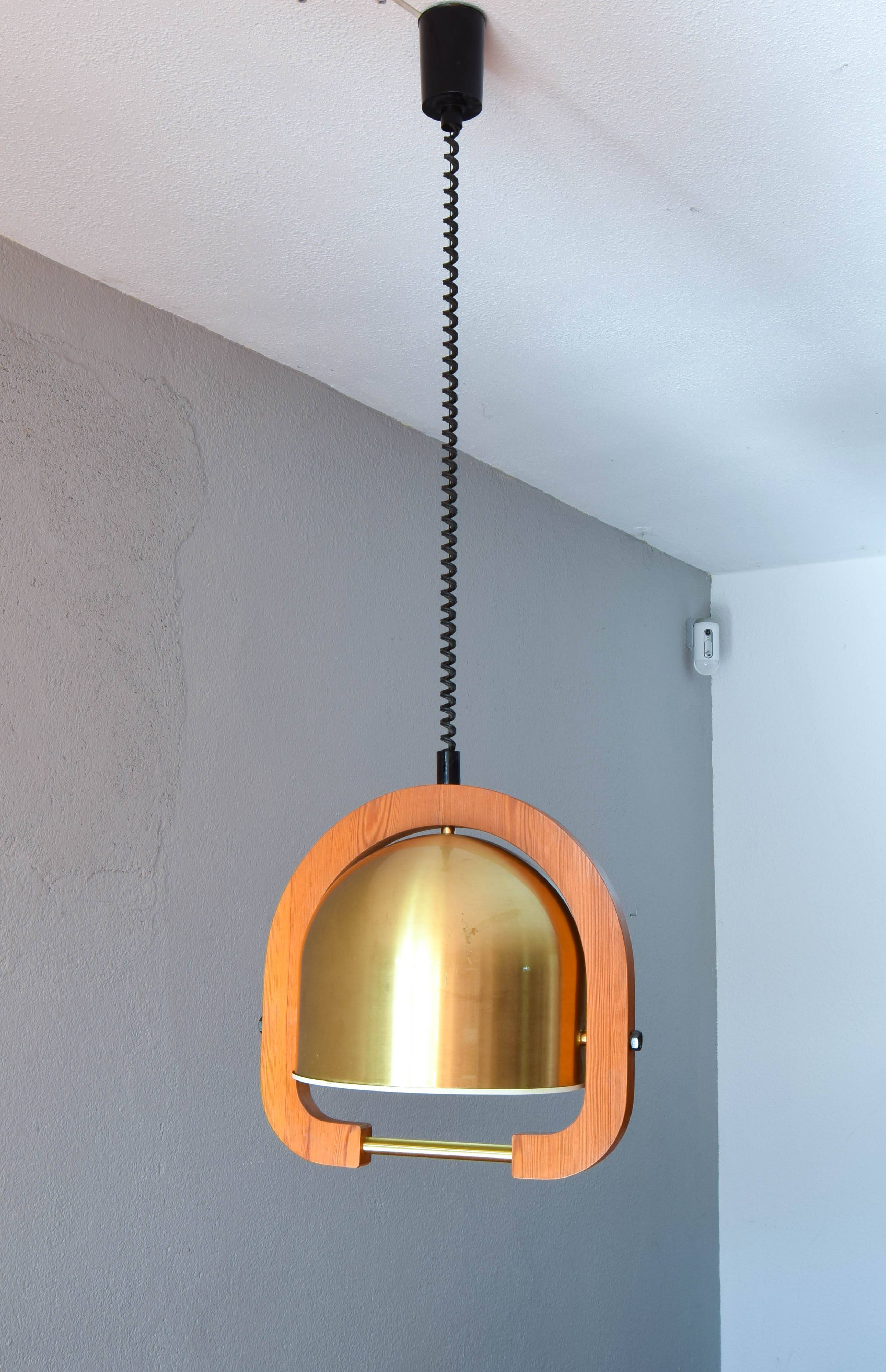 Mid Century Italian Modern Brass and Oak adjustable height Chandelier 70s