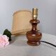 Dark stained turned wood table lamp, camel jute lampshade 1960