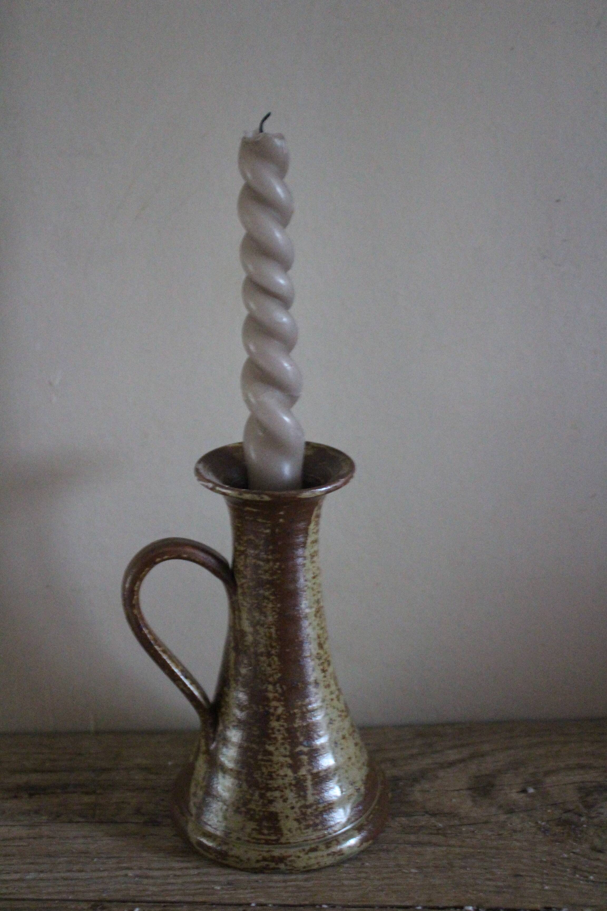 Vintage stoneware candle holder with pyrite glaze and handle