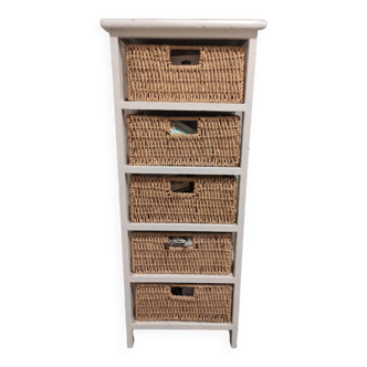 Wooden chest of drawers with 5 wicker drawers