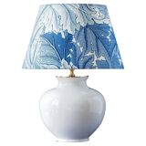 Blue and white ceramic table lamp, William Morris Acanthus shade, Dutch vintage.