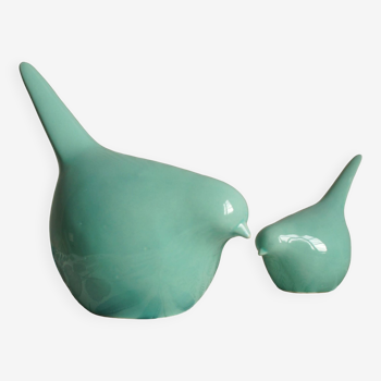 Set of 2 stylized glazed ceramic birds