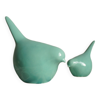Set of 2 stylized glazed ceramic birds