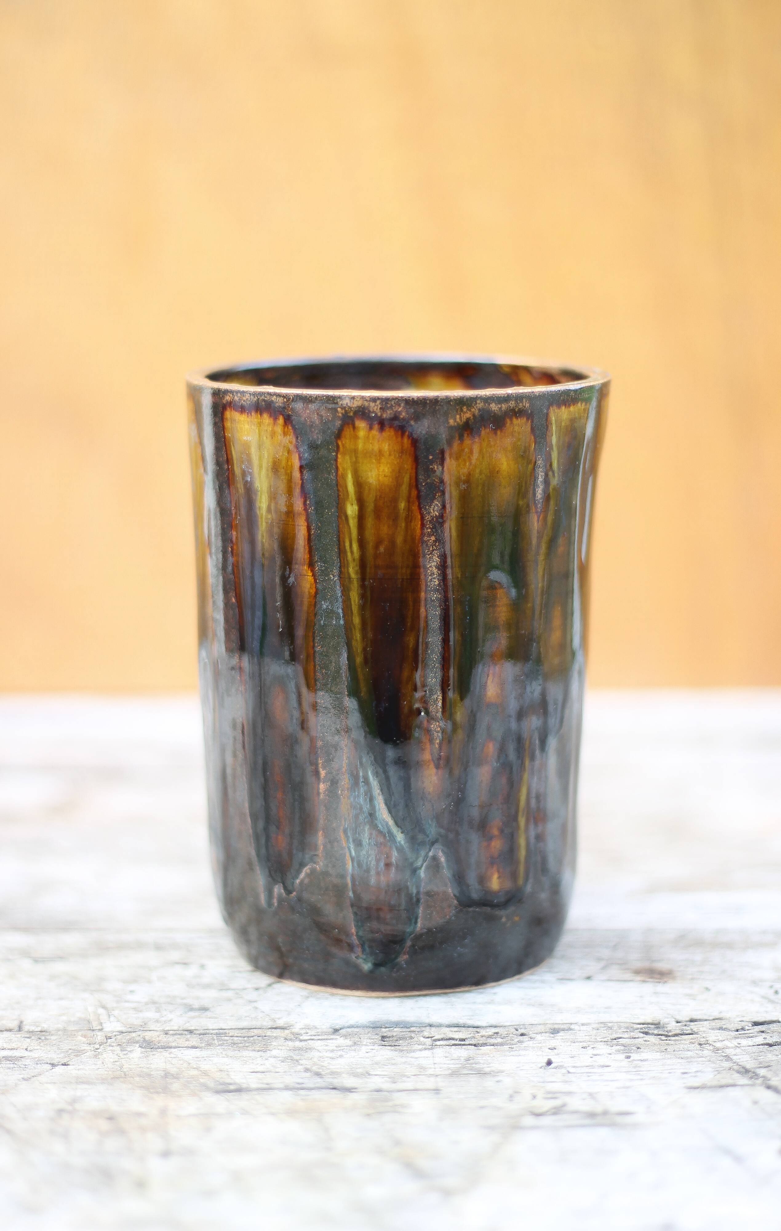 Glazed stoneware vase with drips, vintage signed vase, flower pot