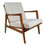 Fauteuil scandinave restauré avec repos-pieds, icône des années 60, tissu marron, teck