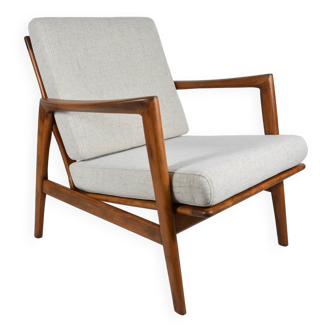 Fauteuil scandinave restauré avec repose-pieds, icône des années 60, tissu marron, teck