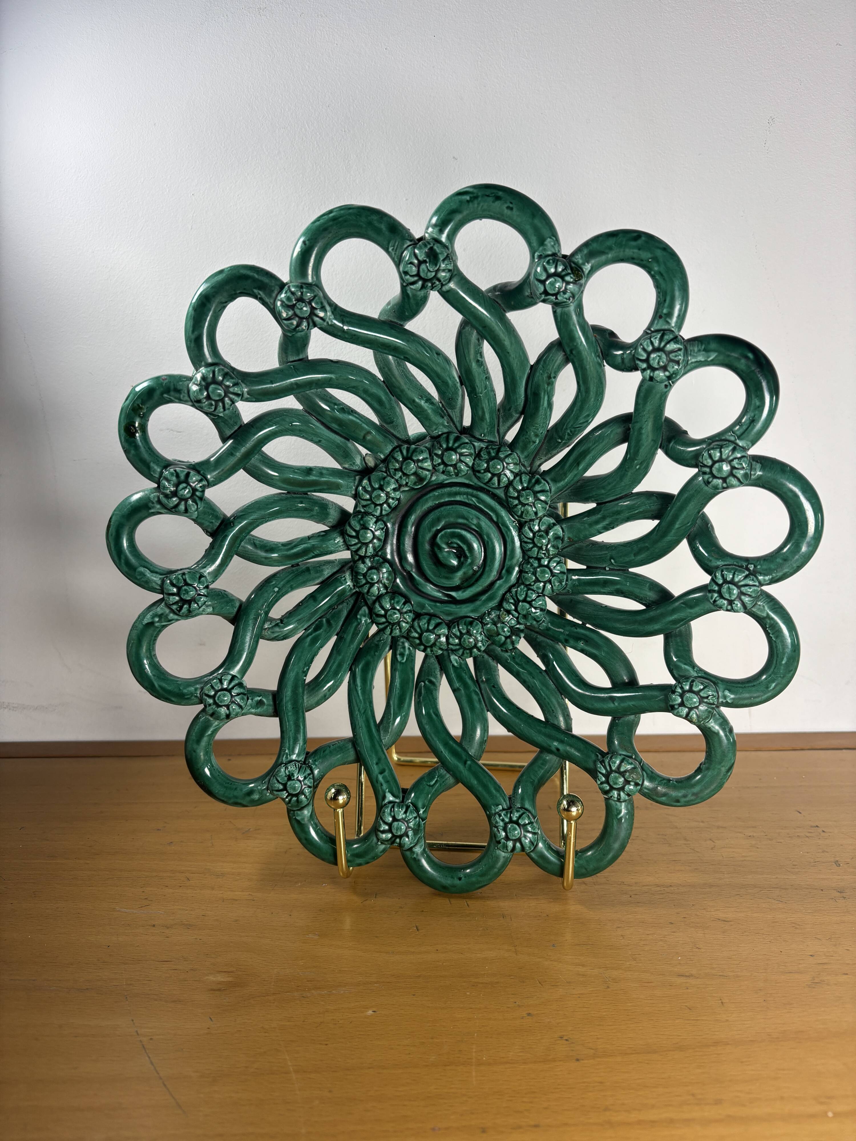 Openwork green ceramic bowl from Vallauris, 1950s.
