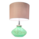 lampe 1950 a 70 abat jour en lin, eclairage dans le pied en verre verte ,pl