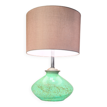 lampe 1950 a 70 abat jour en lin, eclairage dans le pied en verre verte ,pl