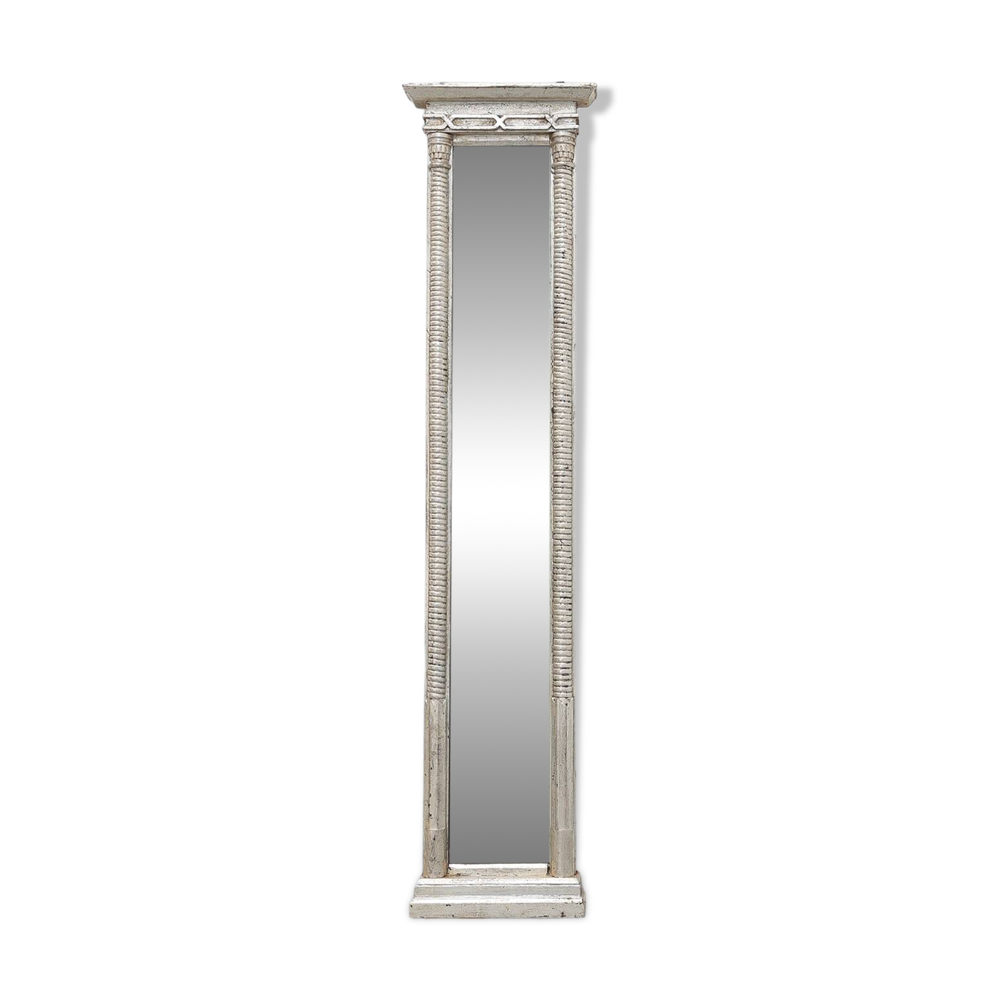 Neoclassical Silver Leaf Pier Mirror with Ringed Columns and Cornice, Italy