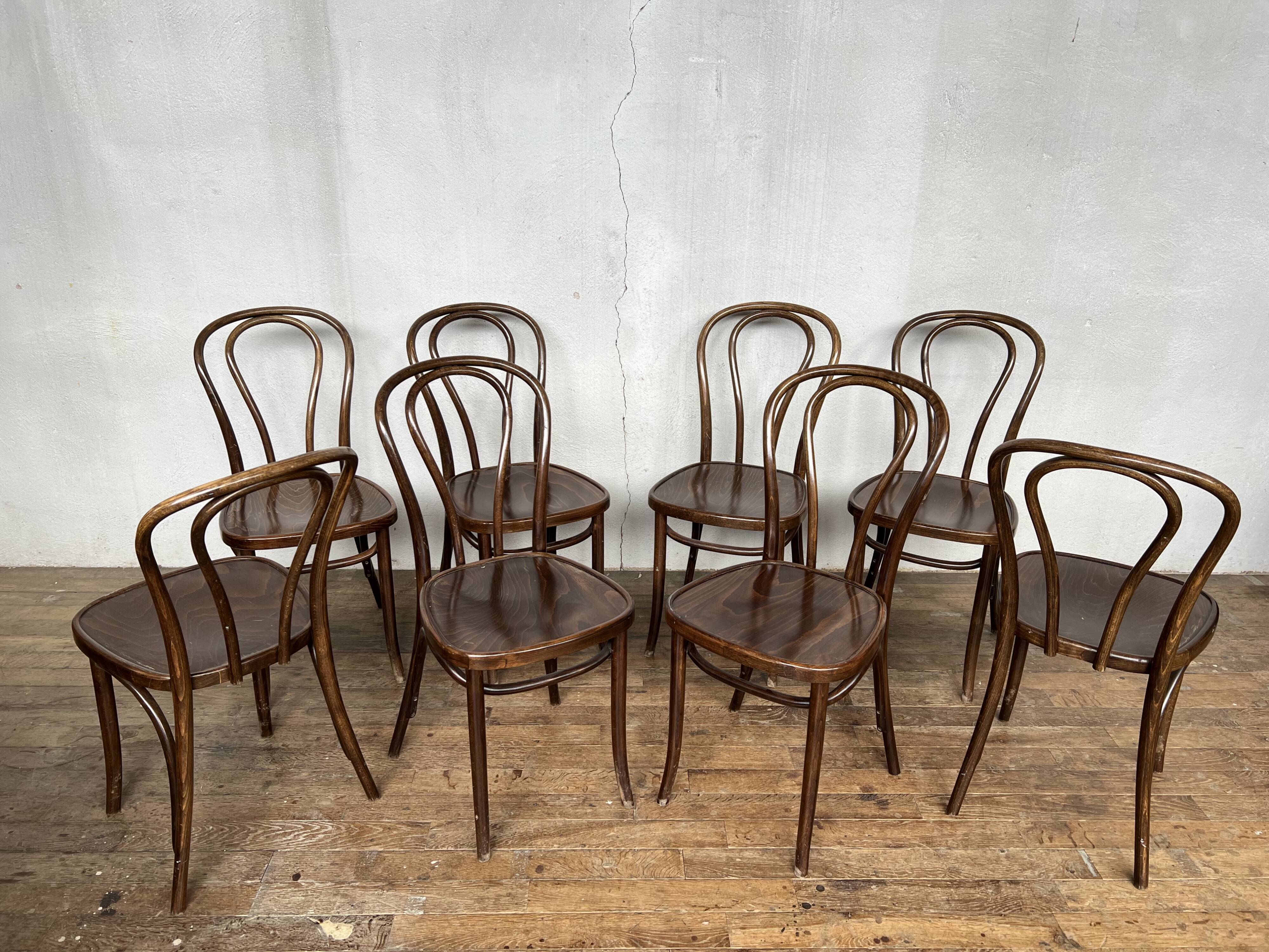 Series of 8 bistro chairs troquet wood curved vintage 1960