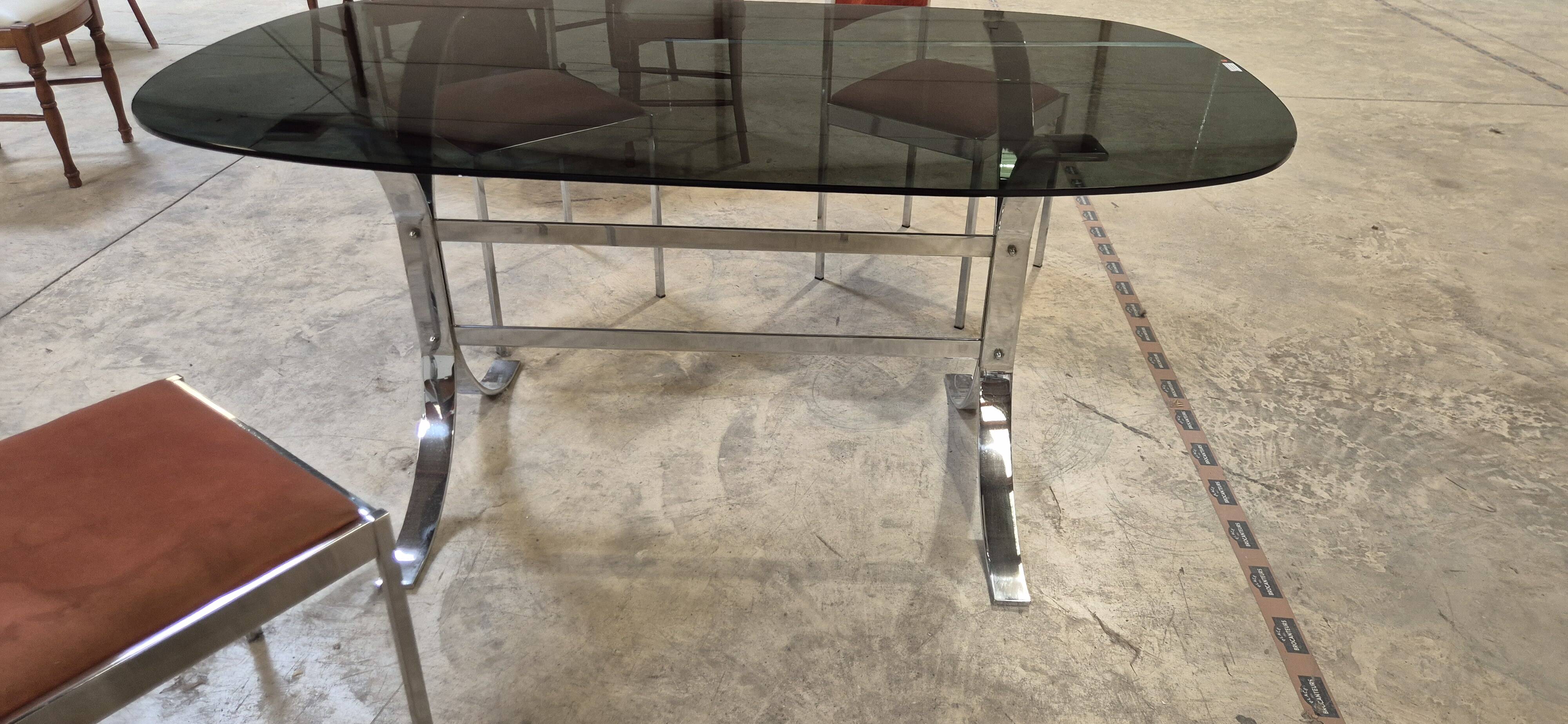 Dining room table + 4 stainless steel and smoked glass chairs 1970