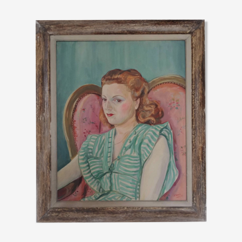 Portrait de femme huile sur toile signé et daté "Stamos" 1946