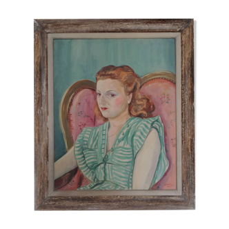 Portrait de femme huile sur toile signé et daté "Stamos" 1946