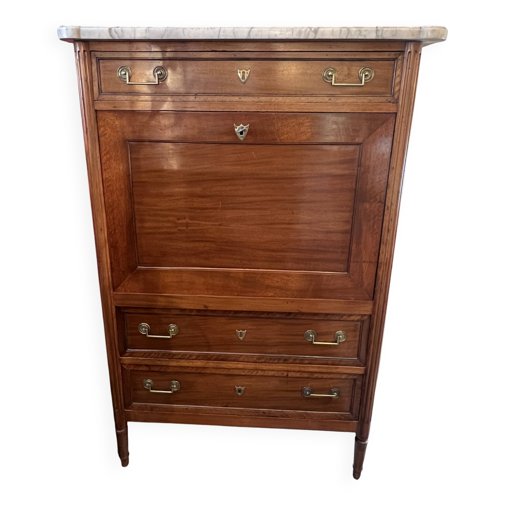 Louis XVI period mahogany secretary, white marble top, clover lock
