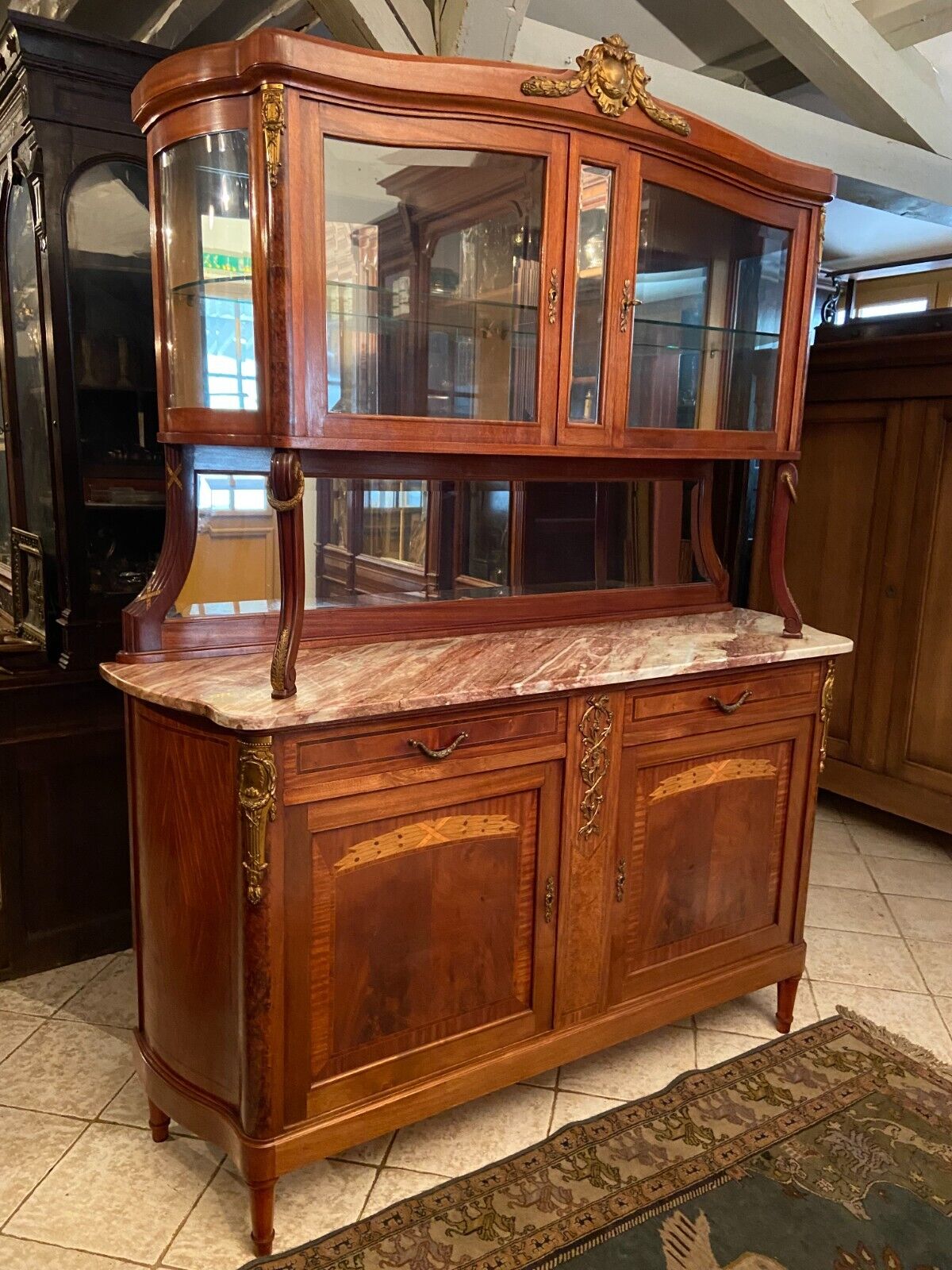 Sideboard two body mirror top marble decoration inlaid bronze Louis XVI