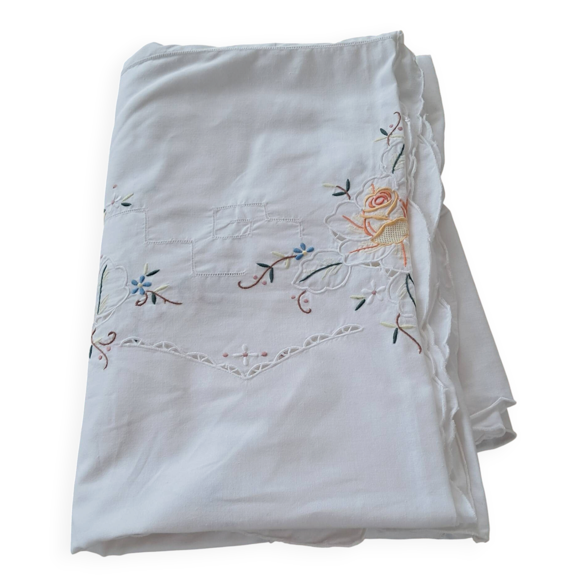 Antique hand-embroidered tablecloth with floral patterns and Richelieu cutwork – 160 x