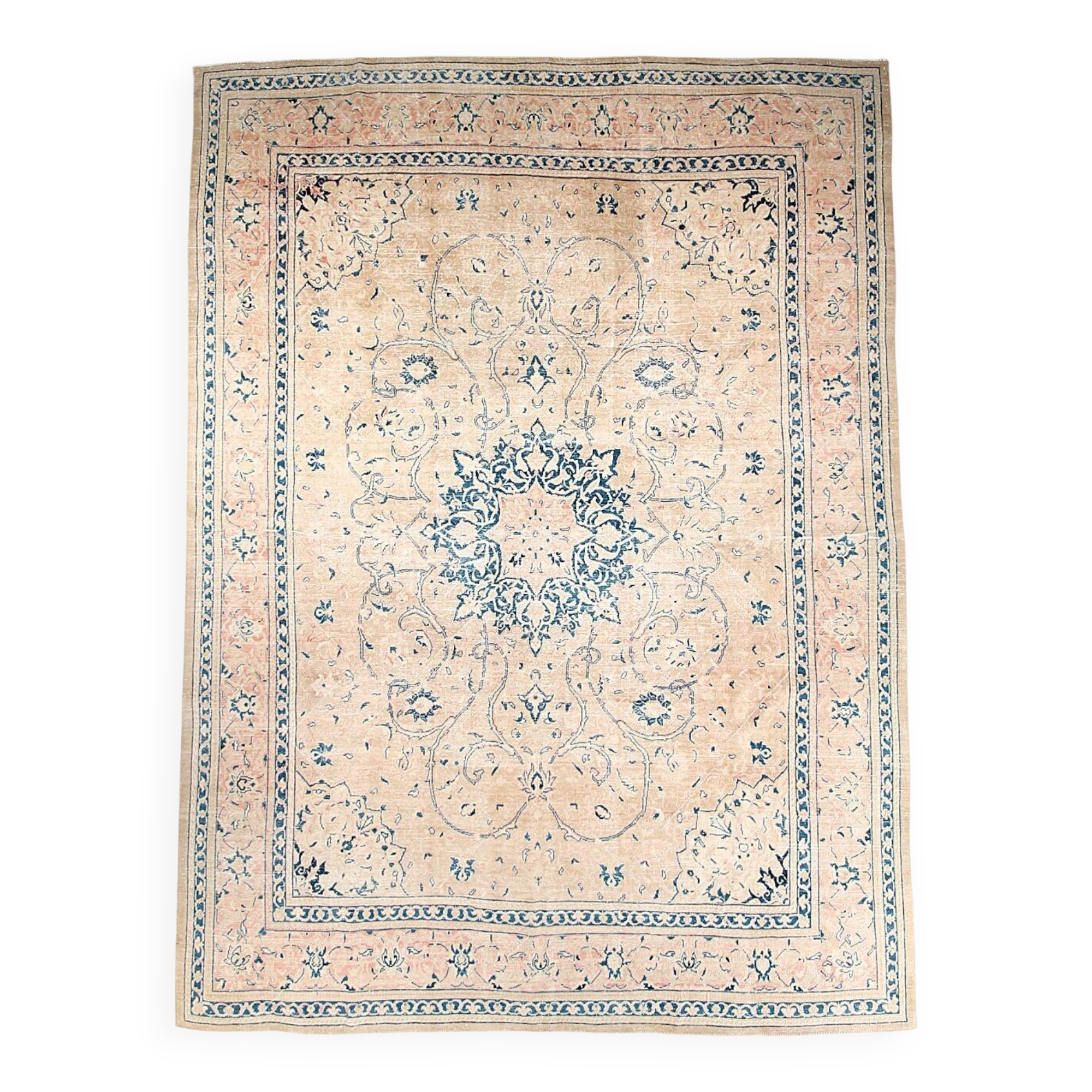 Tapis persan vintage beige et bleu à médaillon floral, 300x393 cm