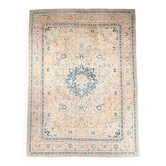 Tapis persan vintage beige et bleu à médaillon floral, 300x393 cm