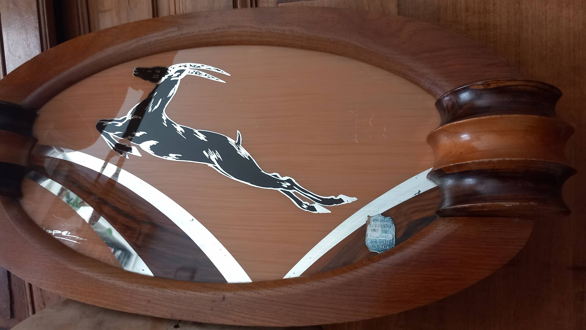 Art Deco service tray in wood and mirror signed Dope, 1930s.