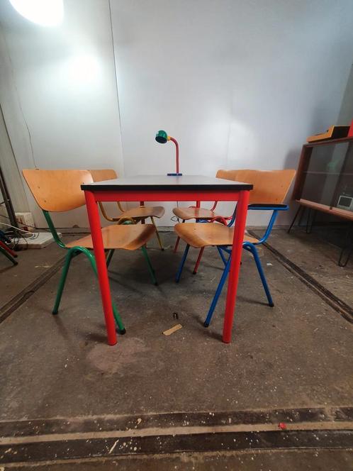 Multicolored dining table and chairs 80s