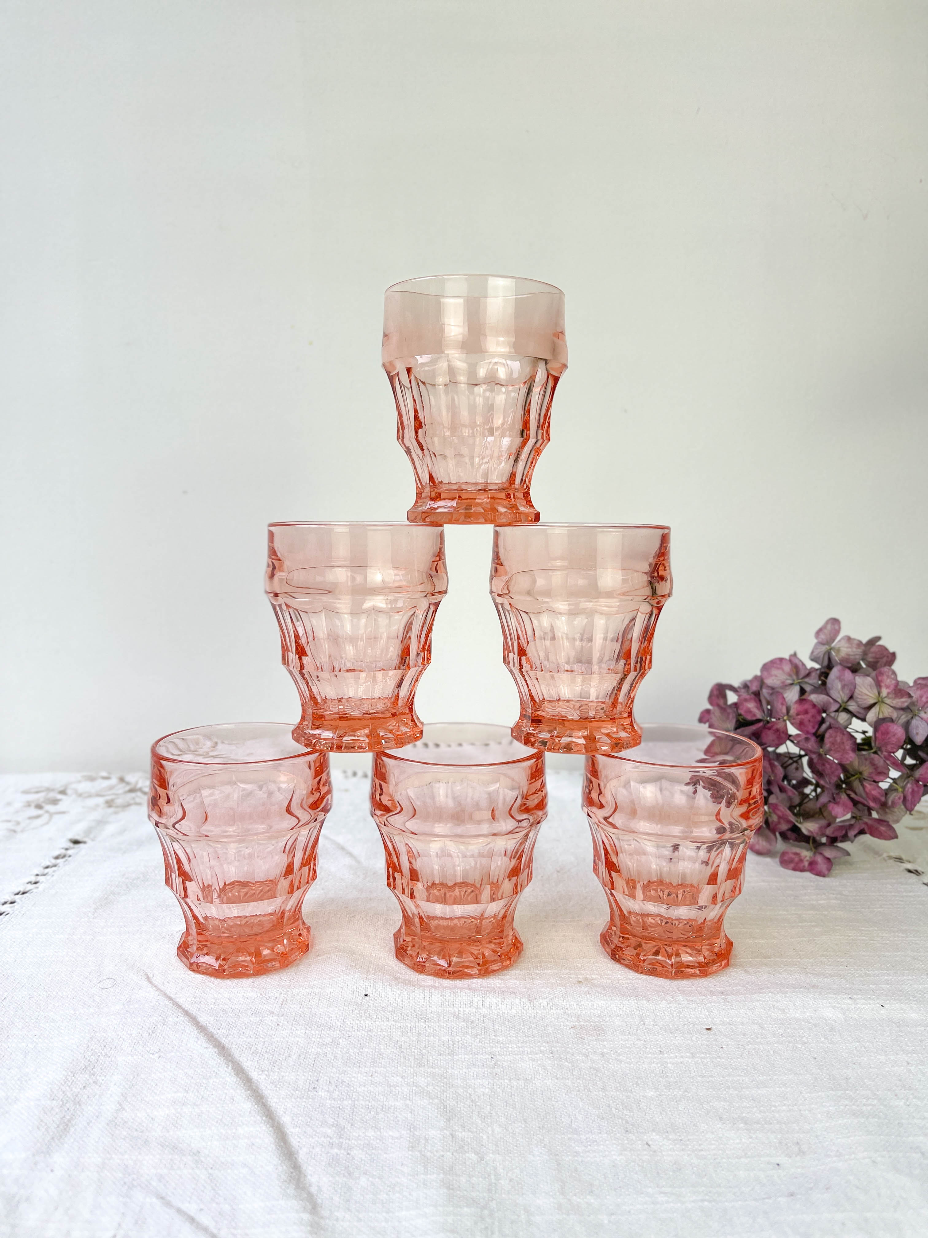 6 verres rose vintage style art déco