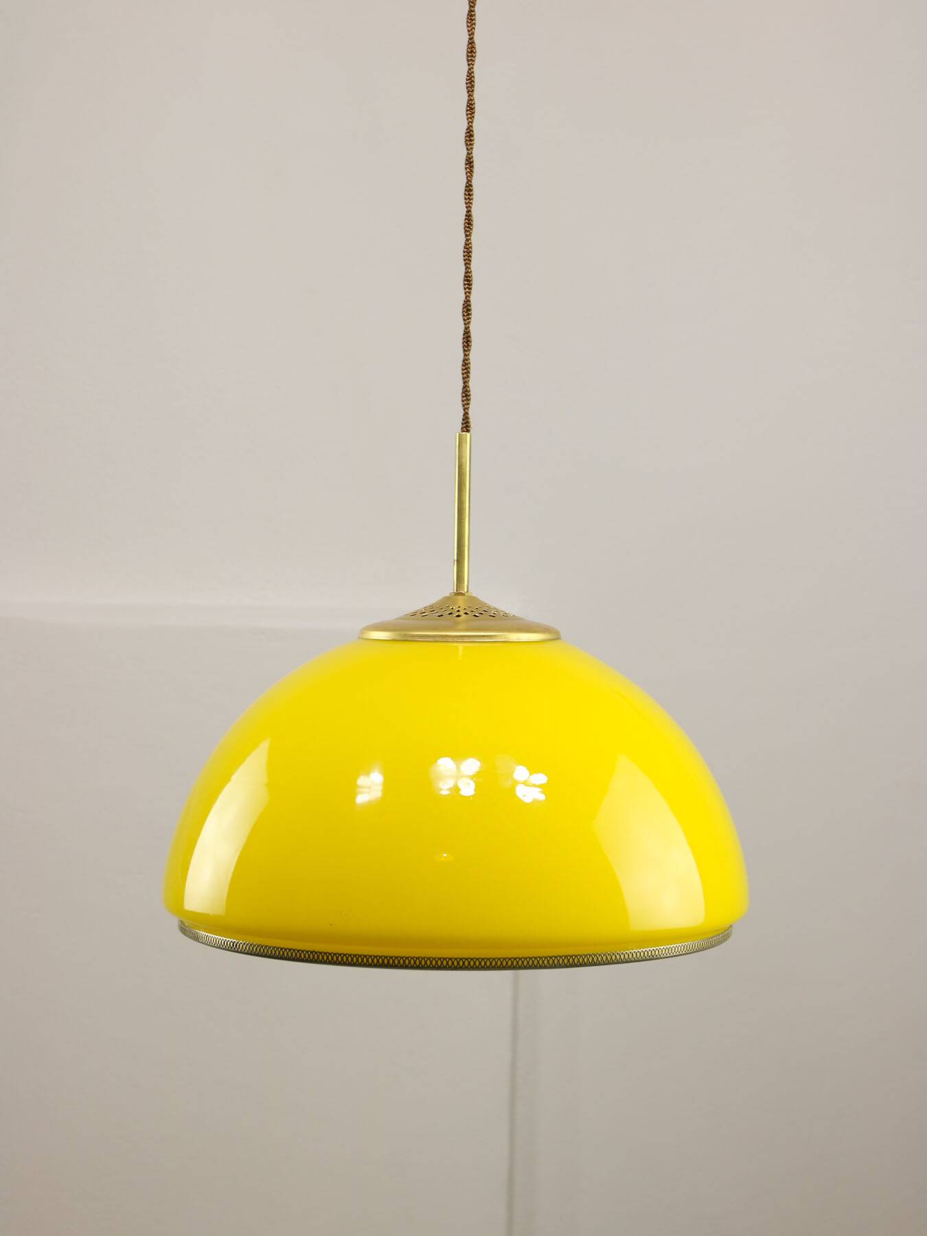 Mid-Century Italian Yellow Glass and Brass Pendant Lamp