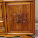 Solid walnut sideboard, moustache legs, black marble top.