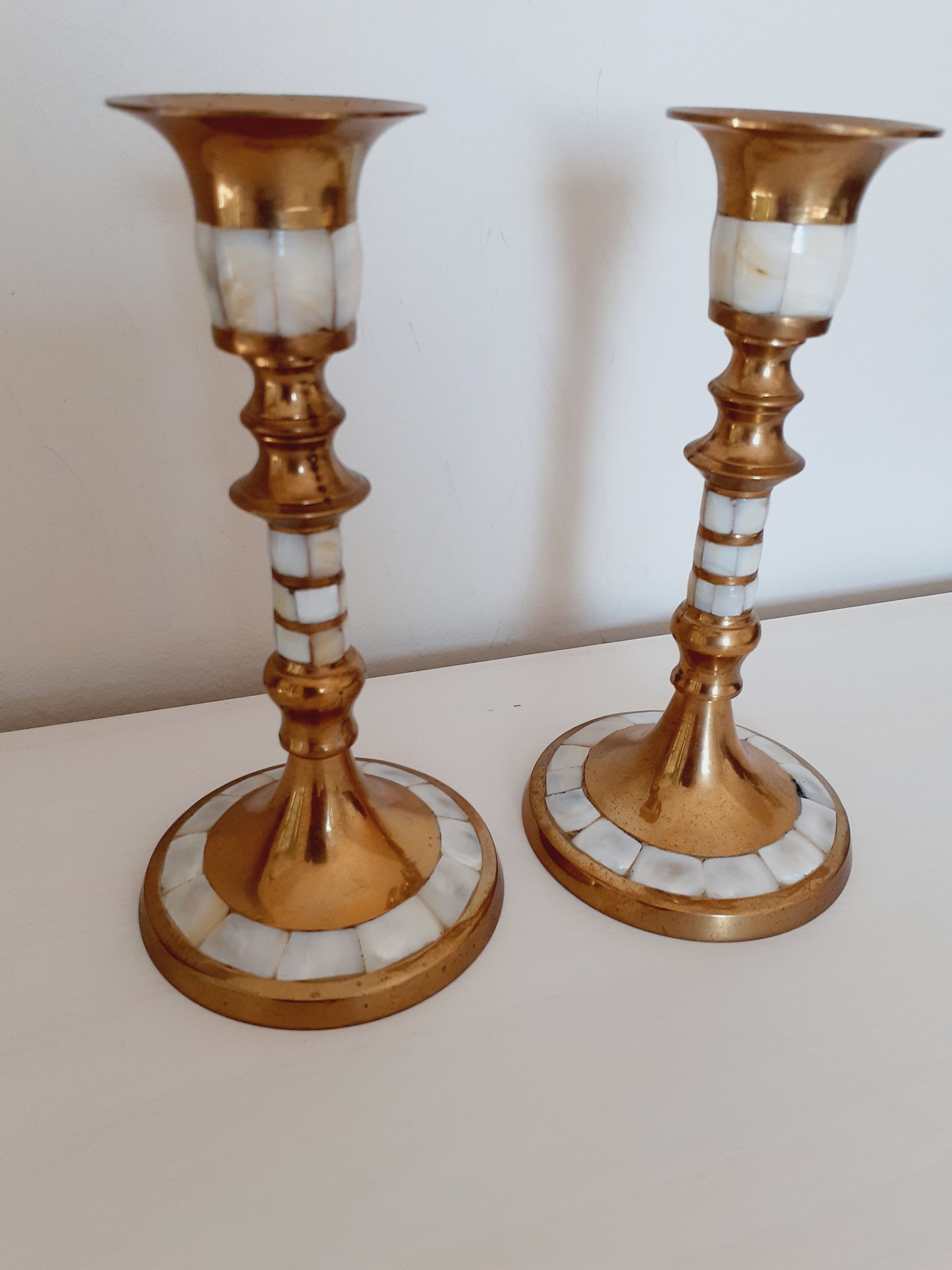 Pair of golden brass and mother-of-pearl candle holders