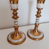 Pair of golden brass and mother-of-pearl candle holders
