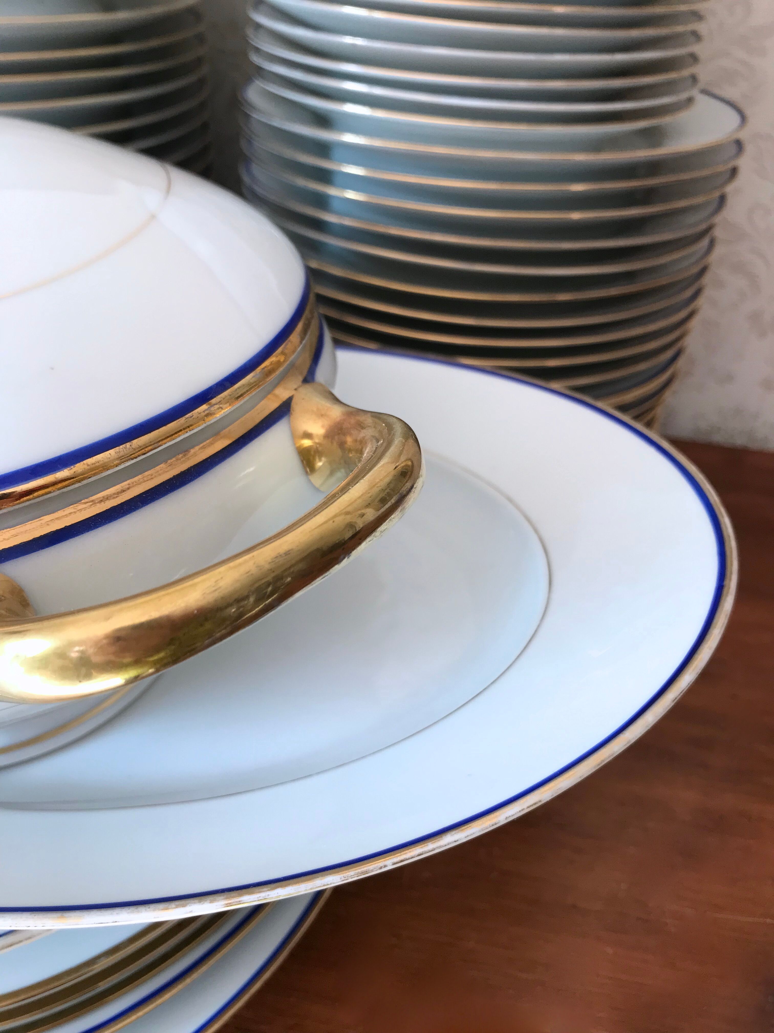 table service art deco limoges porcelain white border blue and gold 61 pieces signed