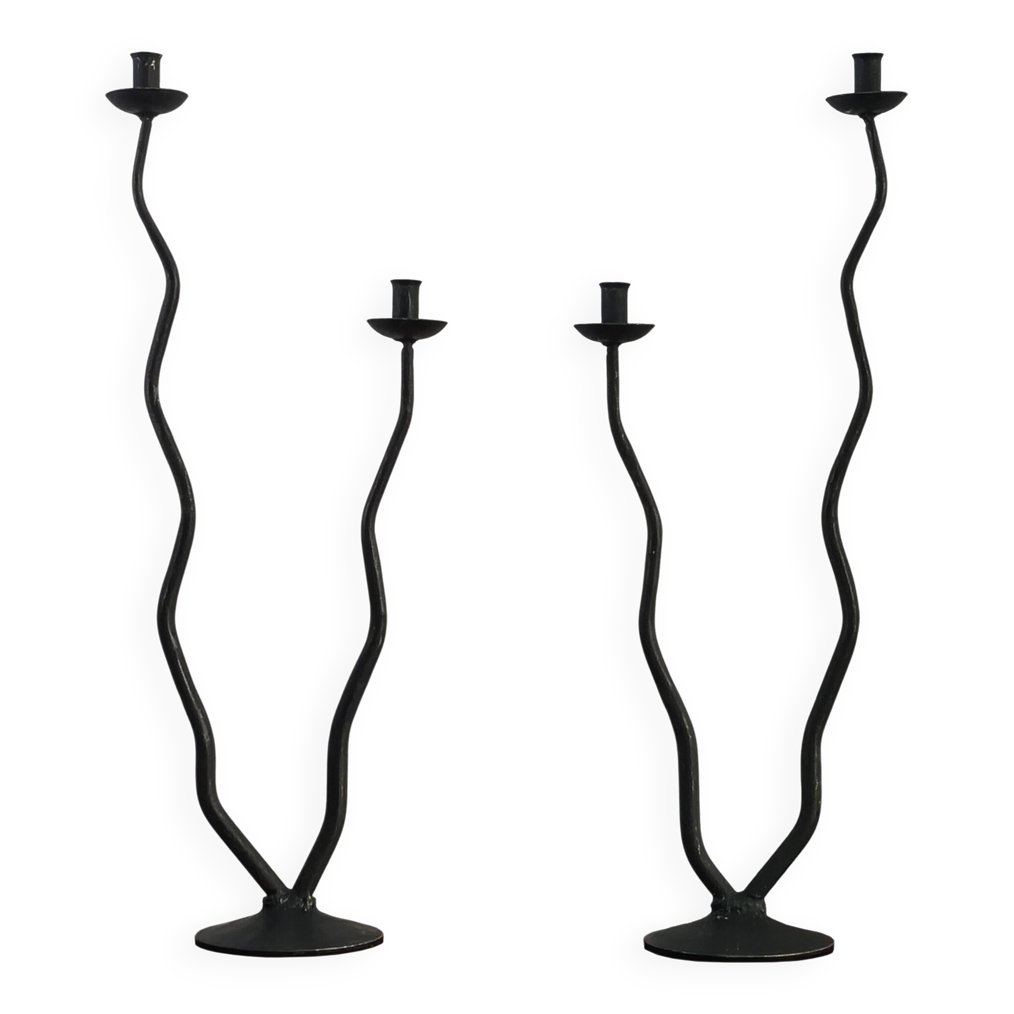 Pair of postmodern brutalist candlesticks in wrought iron, France, 1980s