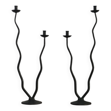 Pair of postmodern brutalist candlesticks in wrought iron, France, 1980s