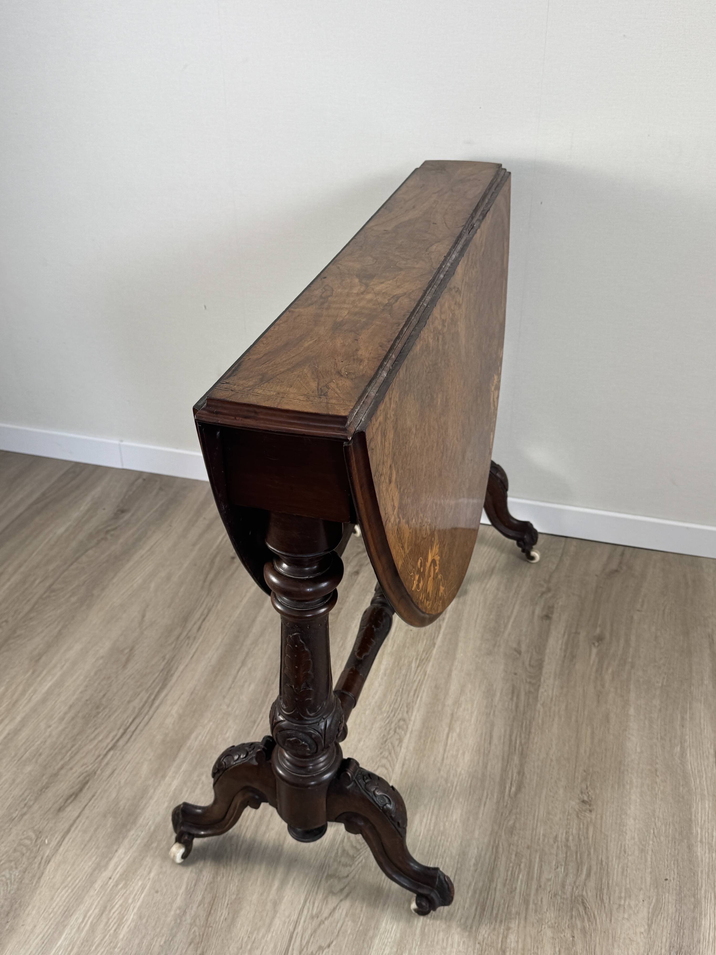 Victorian Sutherland table — walnut burl inlaid top