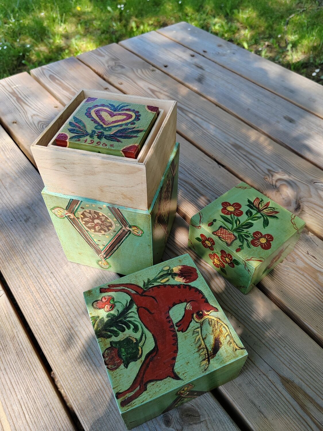 Hand-painted nesting boxes in the 90s