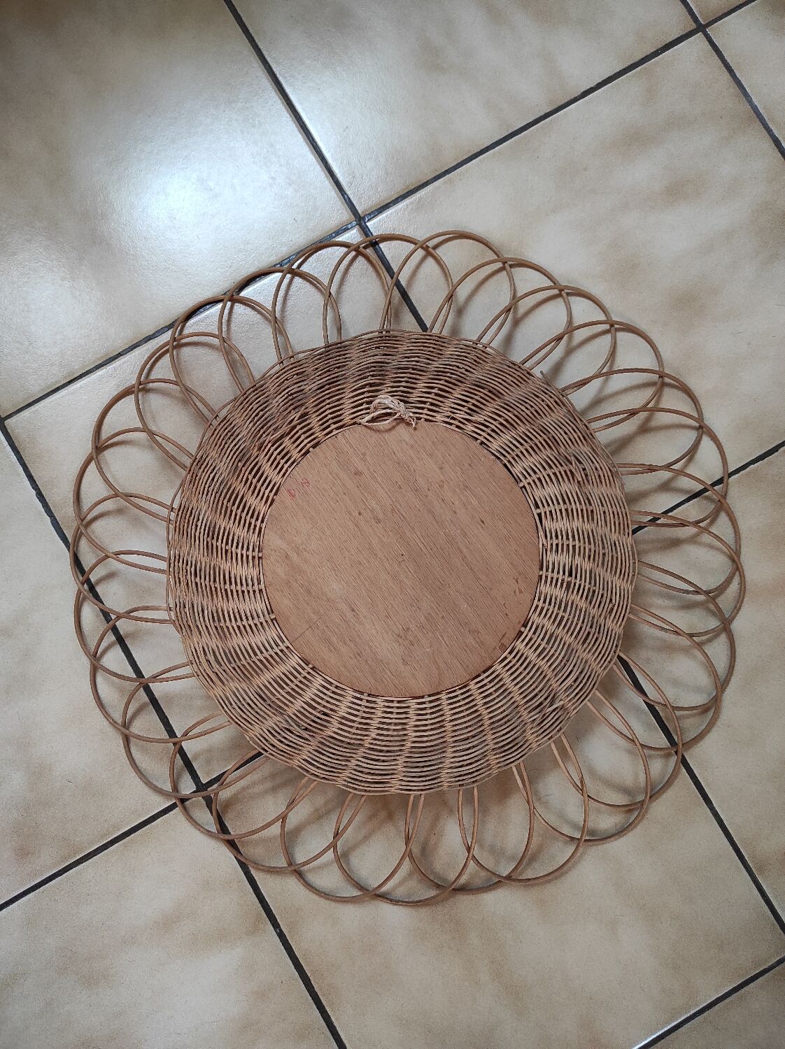 Miroir fleur soleil vintage en osier rotin verre biseauté