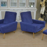 Pair of armchairs and ottoman vintage 1950 in blue velour and brass