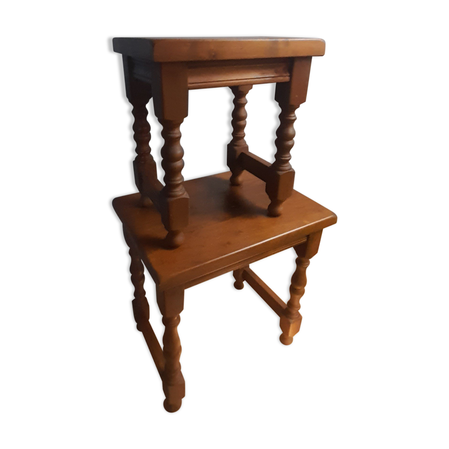 2 solid wood trundle tables, turned legs 80