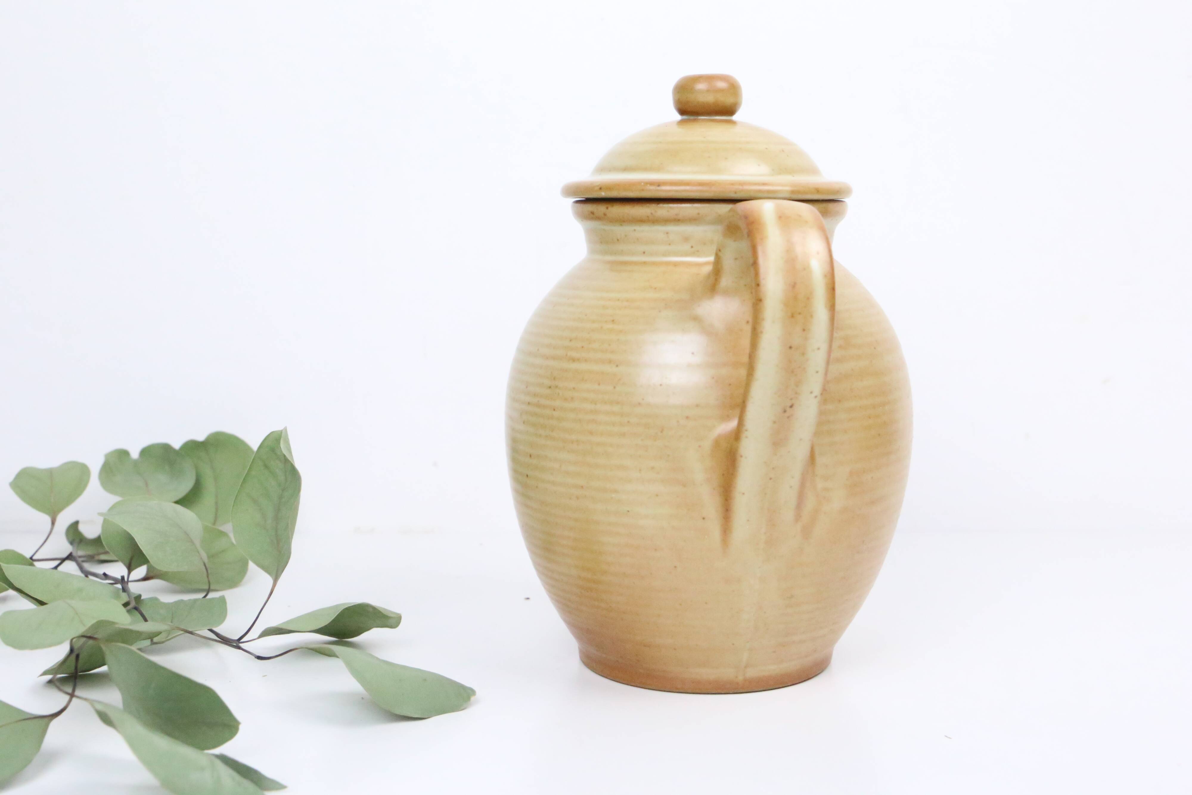 Vintage beige stoneware teapot, signed Grès Village