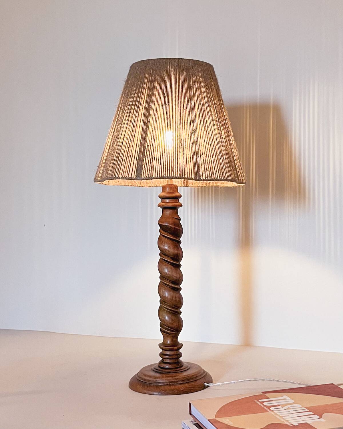 Turned wood lamp and jute lampshade
