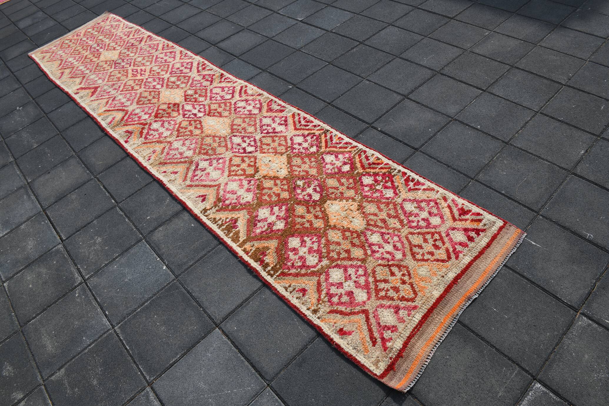Tapis de Couloir Turc Vintage, Laine Rouge & Beige Géométrique, 83x388 Cm