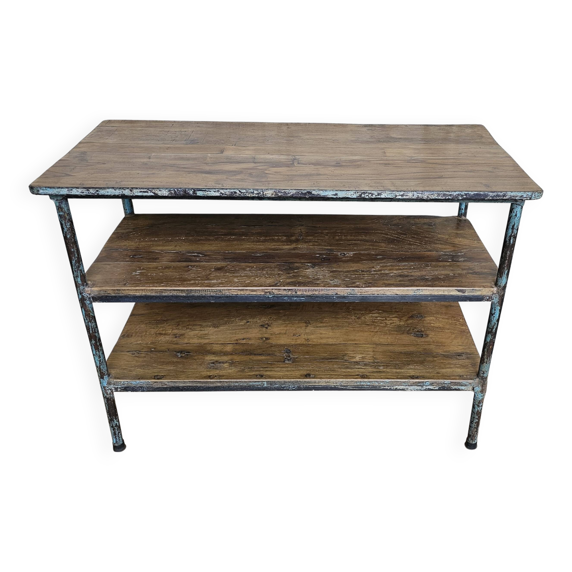 Textile workshop console in teak and wrought iron