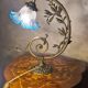 Bronze and brass lamp, transparent and blue glass shade.