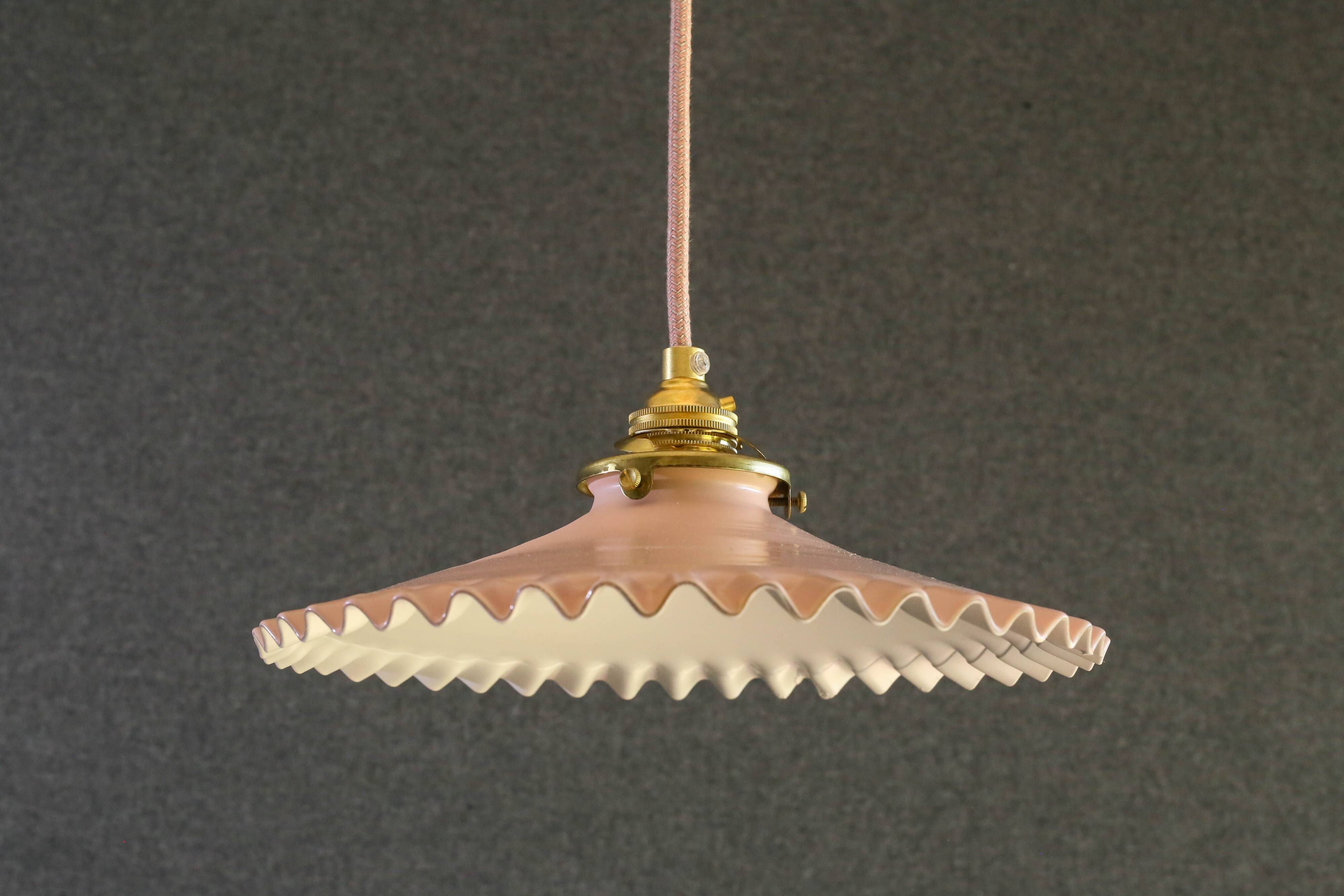 Opaline pendant light in pink and white painted glass, delivered with new cable and socket