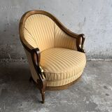 DeCoene antique wood writing desk with beige striped upholstered chair, brass-accented classic set